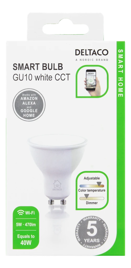 LED lempa DELTACO SMART HOME GU10, WiFI 2.4GHz, 5W, 470lm, 2700K-6500K, 220-240V, balta / SH-LGU10W