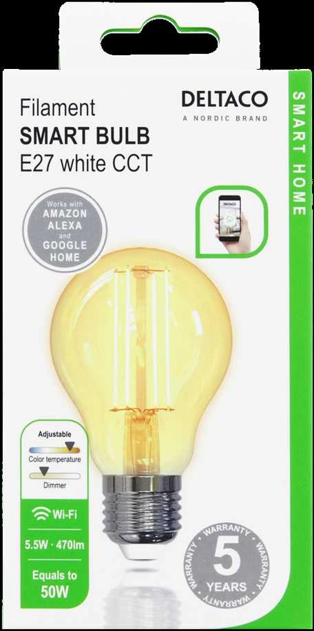 DELTACO SMART HOME LED kaitrinė lempa, E27, WiFI 2.4GHz, 5.5W, 470lm, reguliuojamas, 1800K-6500K, 220-240V, baltas SH-LFE27A60