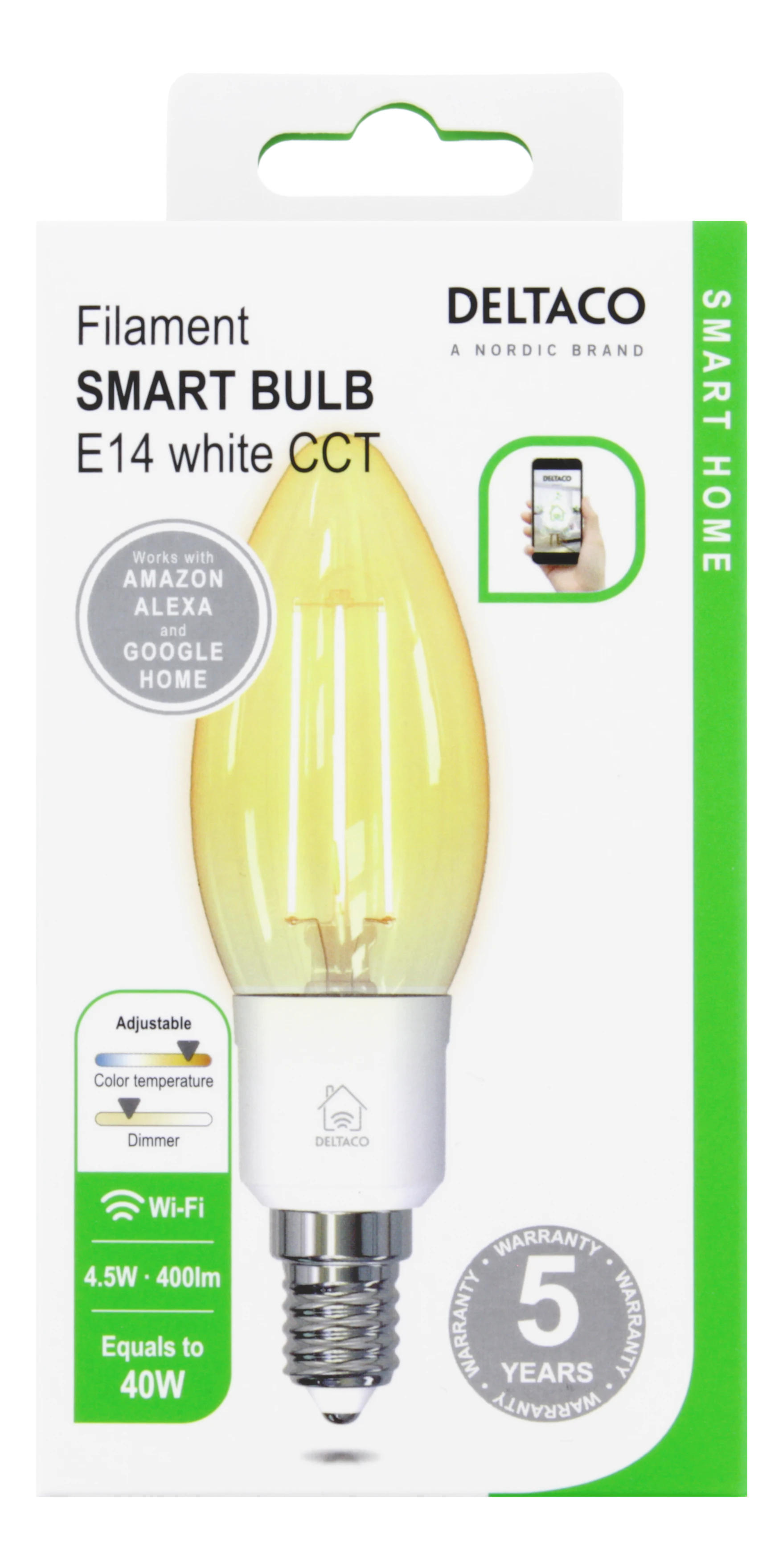 DELTACO SMART HOME LED kaitrinė lempa, E27, WiFI 2.4GHz, 4.5W, 400lm, pritemdoma, 1800K-6500K, 220-240V, SH-LFE14C35