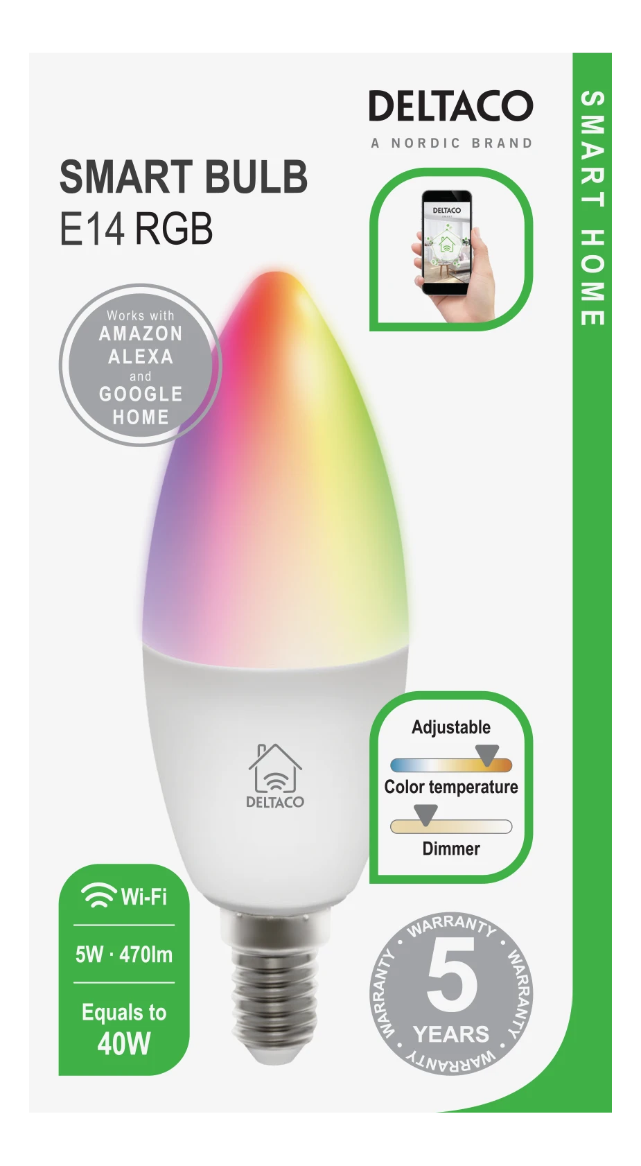 DELTACO SMART HOME LED lempa, E14, WiFI 2.4GHz, 5W, 470lm, pritemdoma, 2700K-6500K, 220-240V, RGB SH-LE14RGB