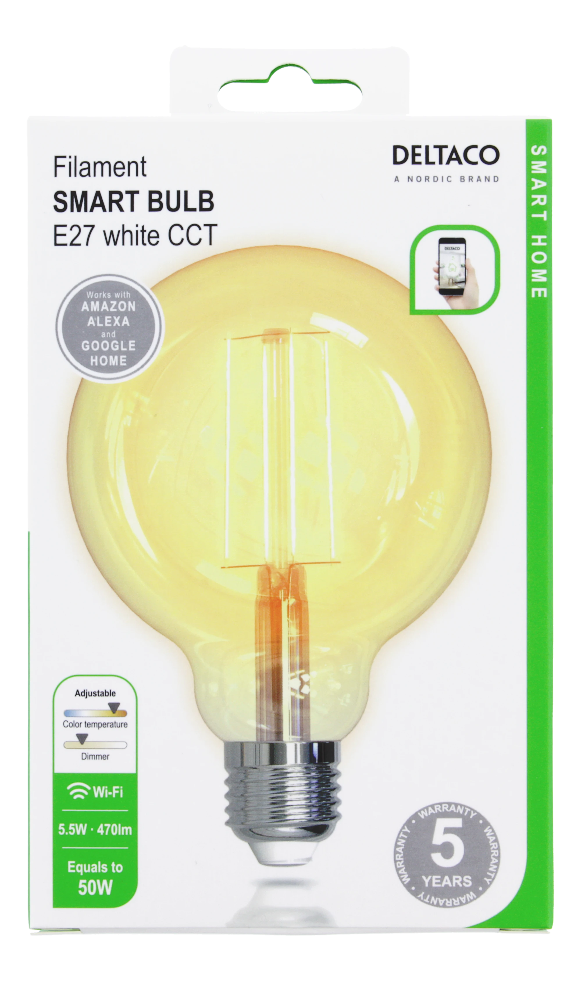 DELTACO SMART HOME LED lempa, E27, WiFI 2.4GHz, 5.5W, 470lm, diminama, 1800K-6500K, 220-240V, SH-LFE27G95
