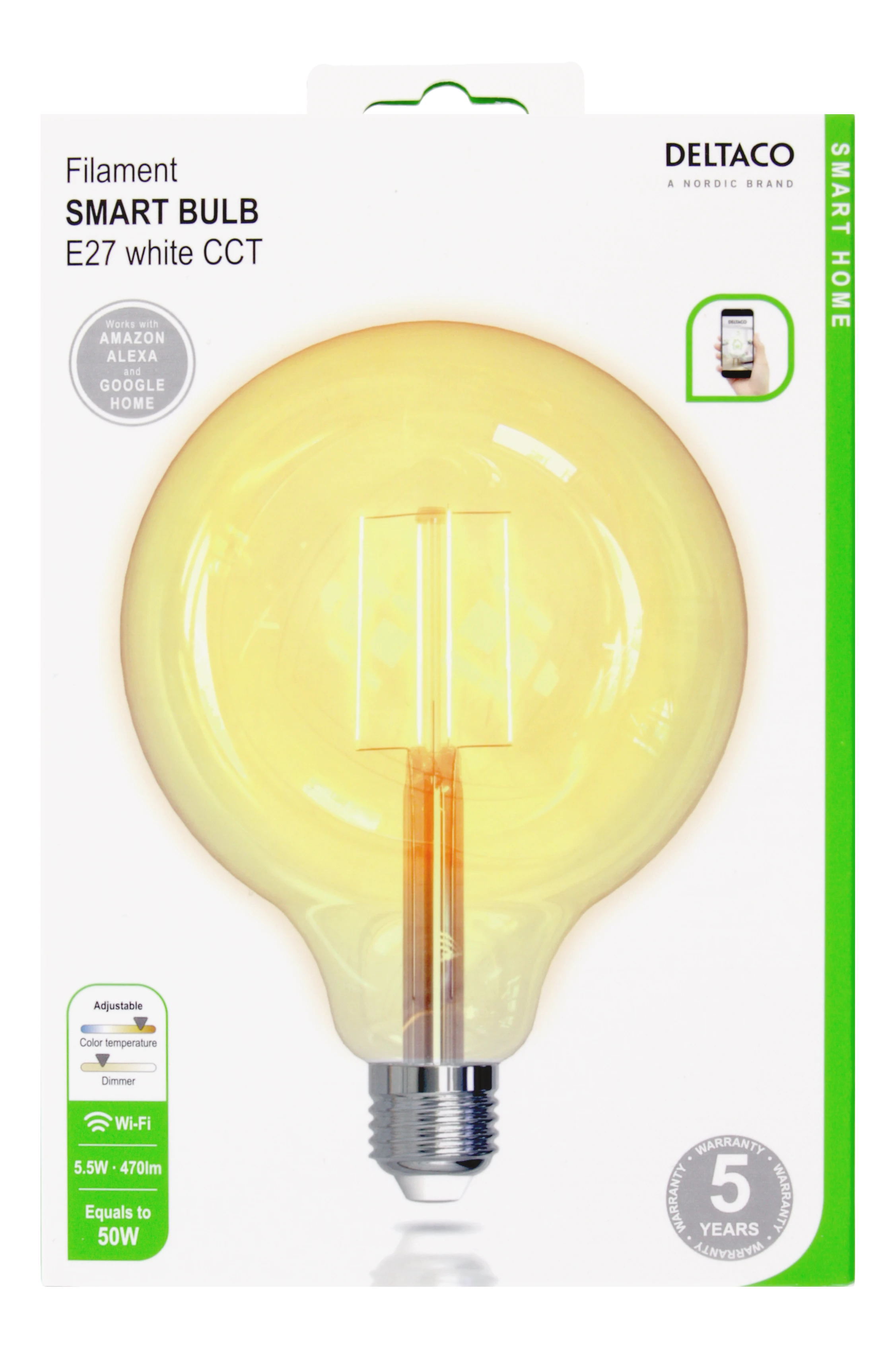 DELTACO SMART HOME LED lempa, E27, WiFI 2.4GHz, 5.5W, 470lm, diminama, 1800K-6500K, 220-240V, SH-LFE27G125