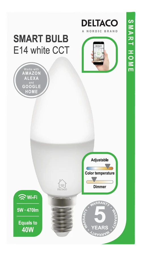 Deltaco Smart Home SH-LE14W LED lemputė, E14, WiFi, 5W