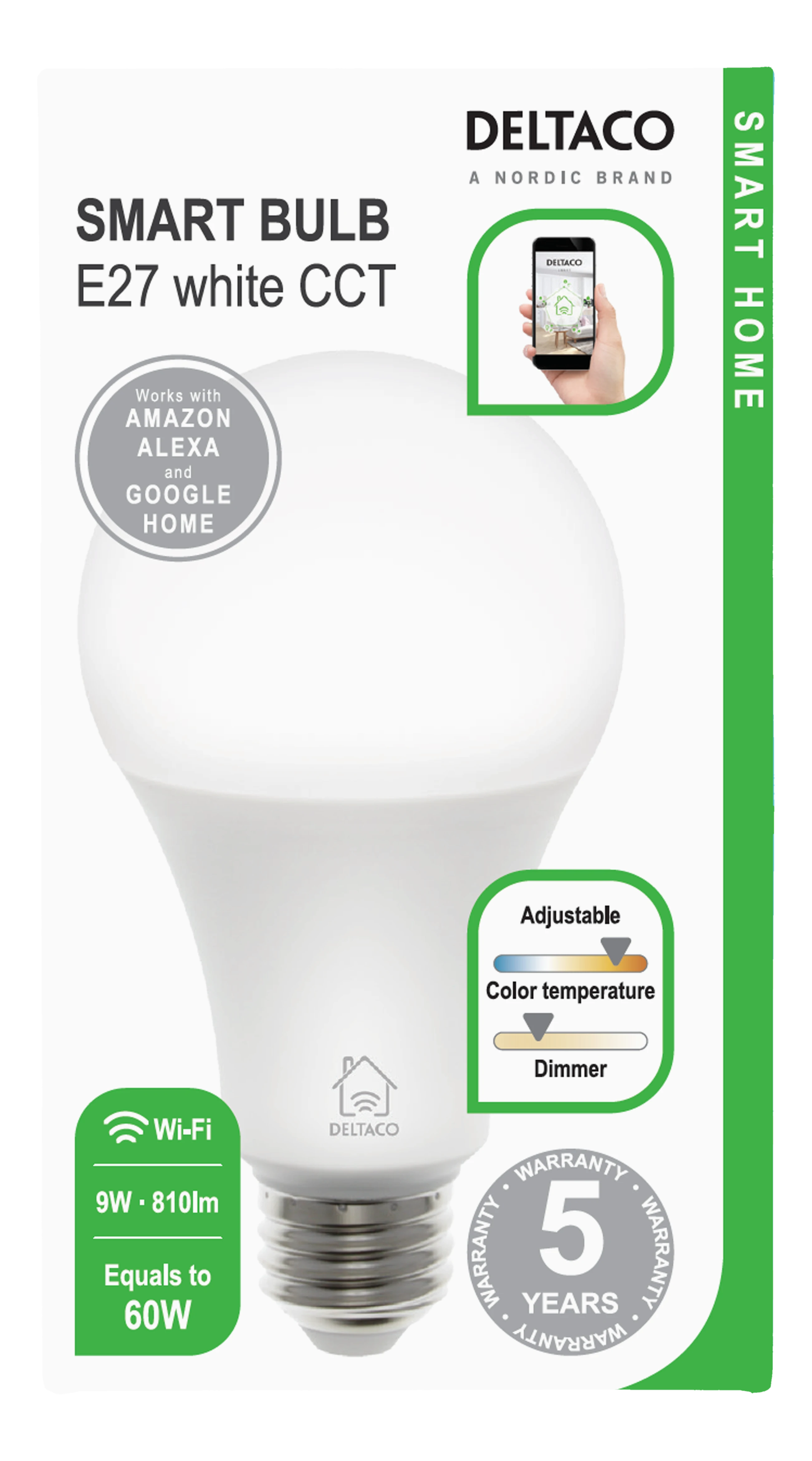 DELTACO SMART HOME LED lemputė, E27, WiFI 2.4GHz, 9W, 810lm, 2700K; 6500K, 220 ;240 V, balta SH-LE27W