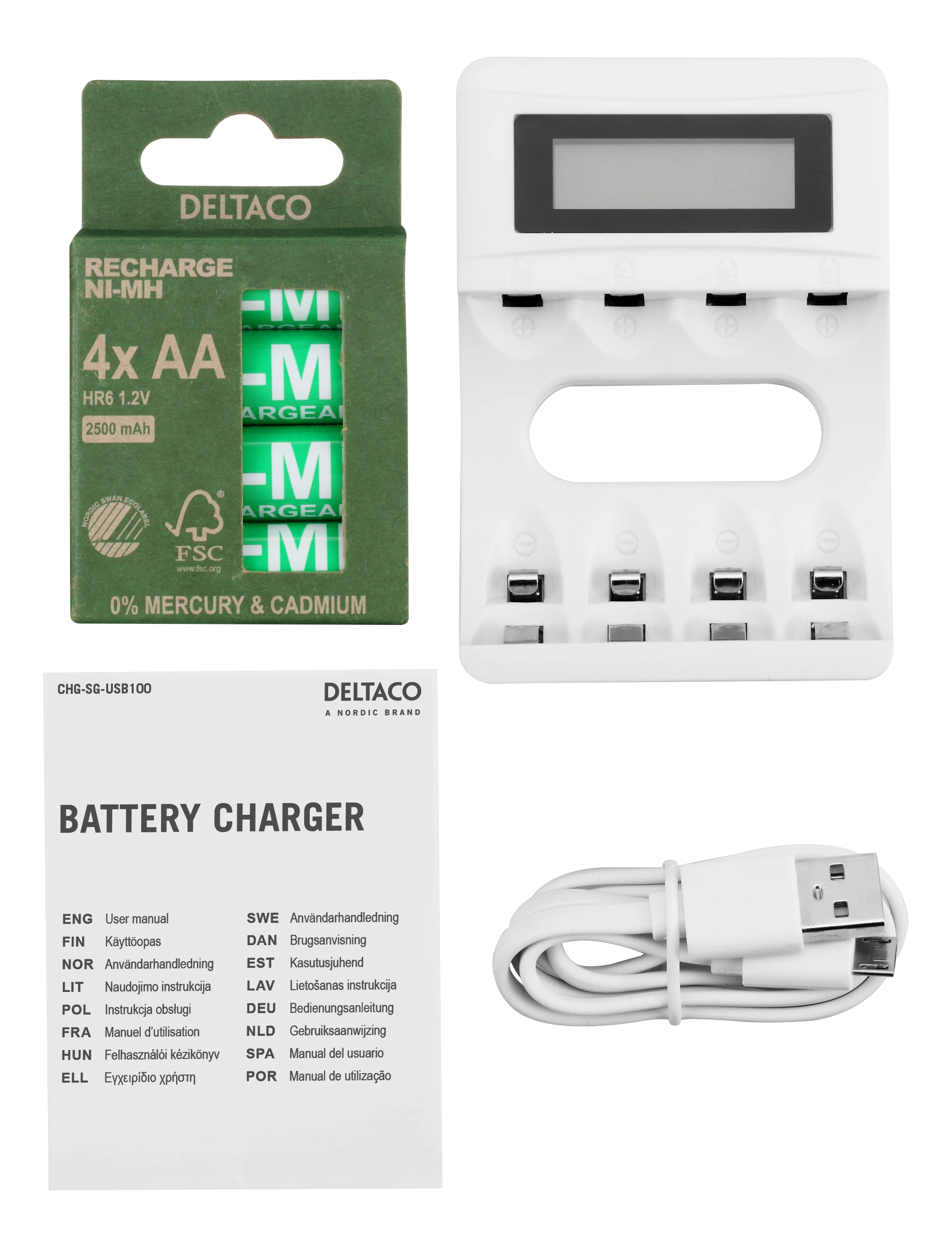 DELTACO Ultimate Ni-Mh USB įkroviklis su 4 x AA baterijomis C704A4-4xAA