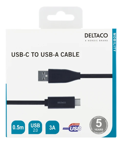 DELTACO USB 2.0 kabelis, Type C - Type A vyriškas, 0.5m, juodas / USBC-1003M