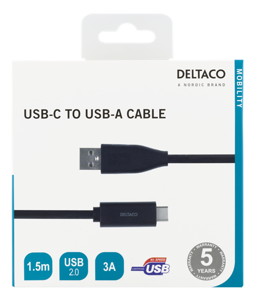 DELTACO USB 2.0 kabelis, Type C - Type A vyriškas, 1.5m, juodas / USBC-1005M