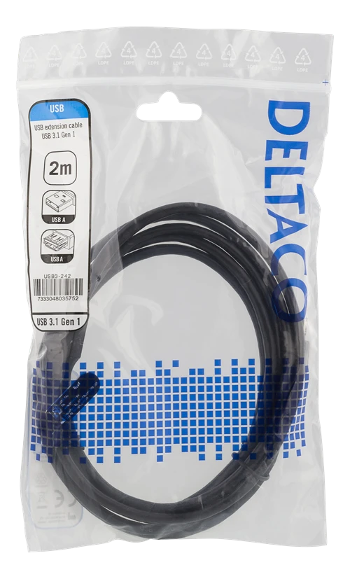 DELTACO USB 3.1 Gen1 prailginimo kabelis, USB-A male į USB-A female, 2m, juodas/ USB3-242