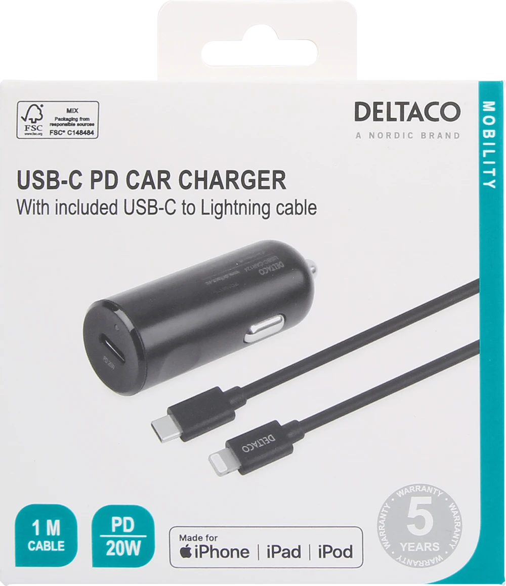 DELTACO USB automobilinis įkroviklis, 1x USB-C PD 20 W, 1 m Lightning laidas, juodas