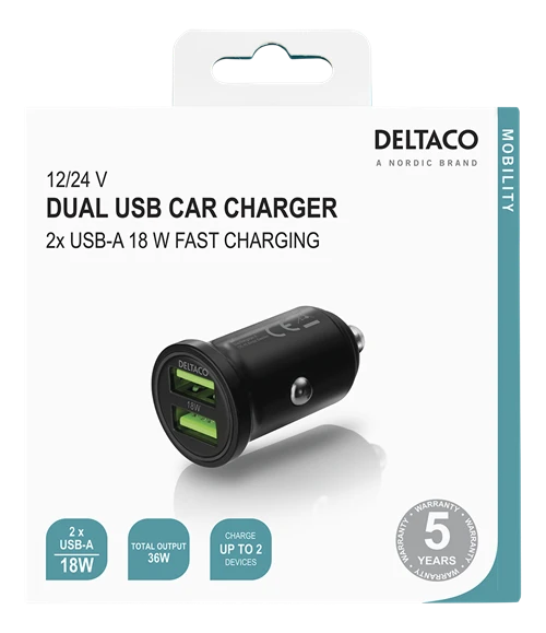 DELTACO USB automobilinis įkroviklis, 2x USB-A 18 W, greitas įkrovimas, viso 36 W juodas USB-CAR128