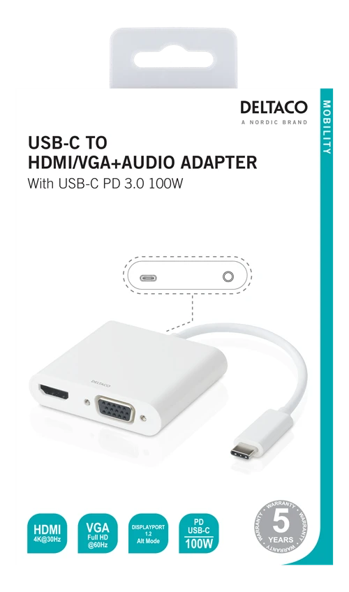 Deltaco adapteris: pakuotė su HDMI, VGA ir USB-C jungtimis