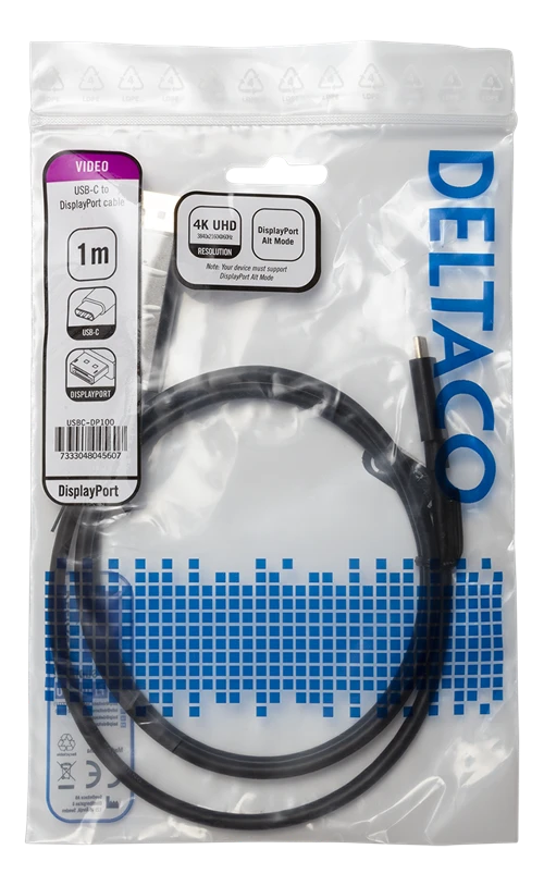 DELTACO USB-C į DisplayPort kabelis pakuotėje