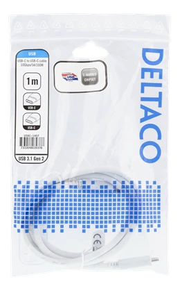 DELTACO USB-C į USB-C laidas, 1m, 10Gbps, 100W 5A, USB 3.1 Gen 2, USBC-1407