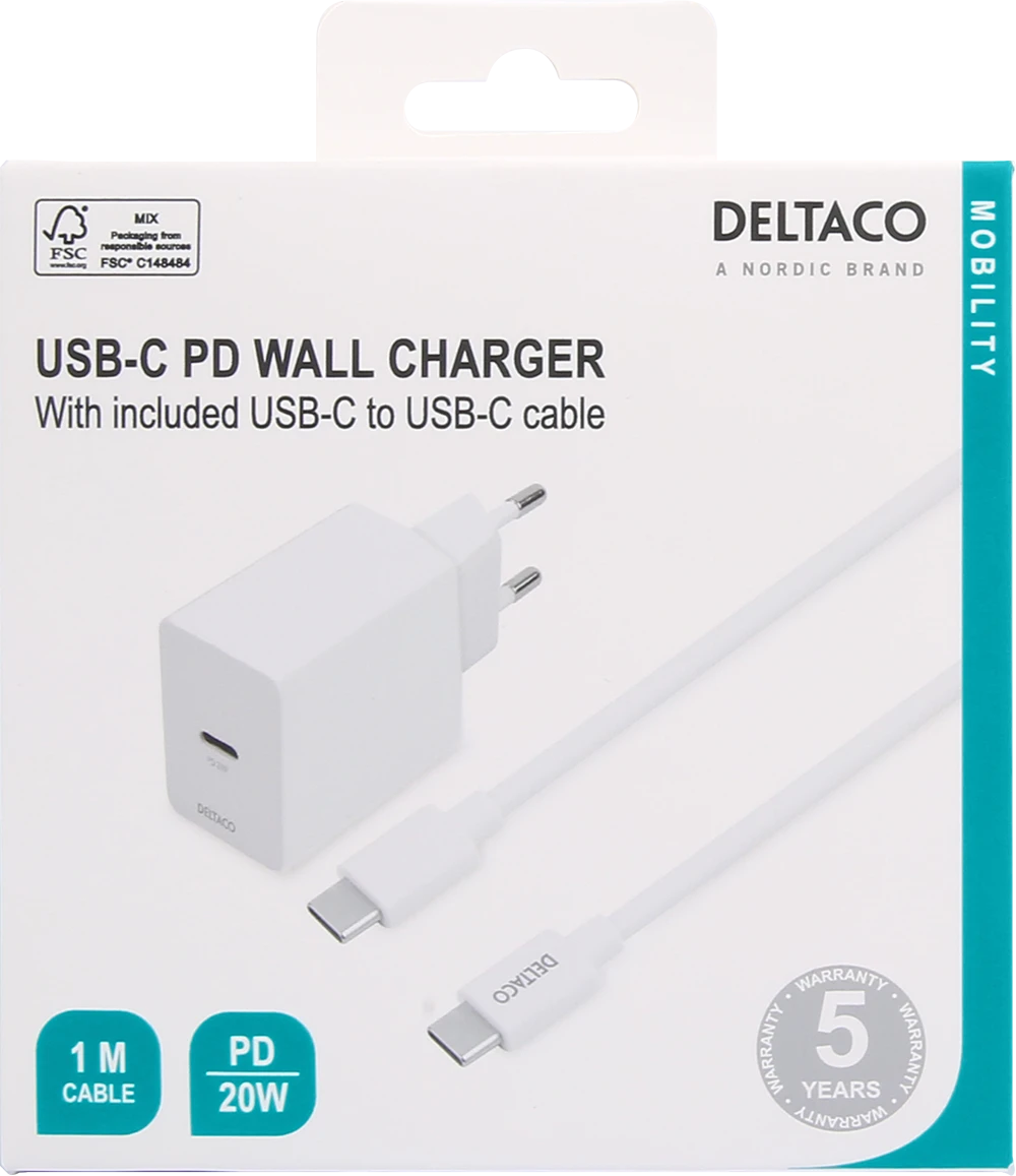 DELTACO USB-C sieninis įkroviklis, 1x USB-C PD 20 W, 1 m USB-C laidas, baltas, USBC-AC146