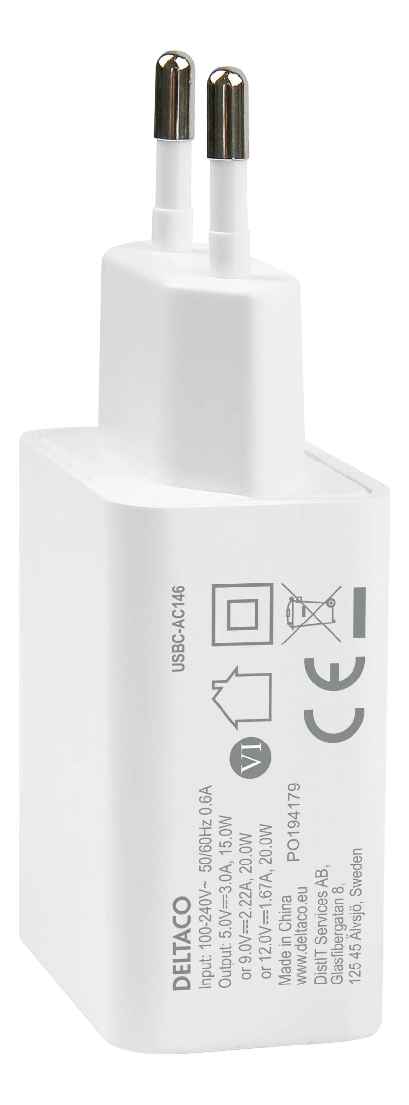 DELTACO USB-C sieninis įkroviklis, 1x USB-C PD 20 W, 1 m USB-C laidas, baltas, USBC-AC146