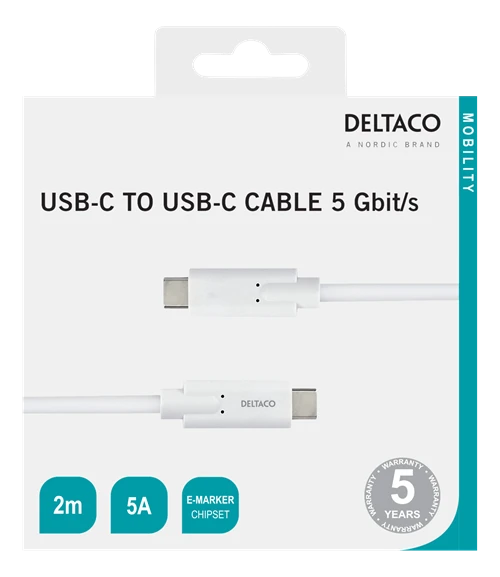 DELTACO USB-C - USB-C laidas, 5Gbit / s, 5A, 2M, baltas / USBC-1504M