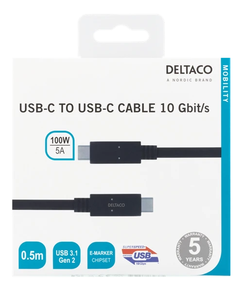 Kabelis DELTACO USB-C – USB-C, 0,5 m, USB 3.1 Gen 2 / USBC-1401M