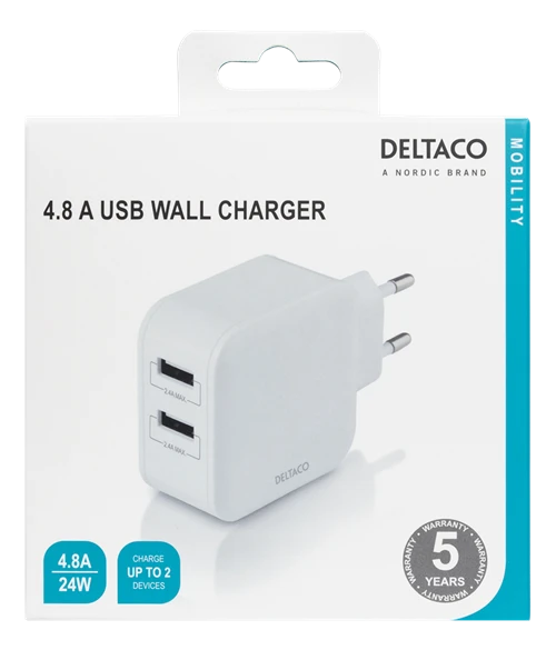 Deltaco USB sieninis įkroviklis pakuotėje