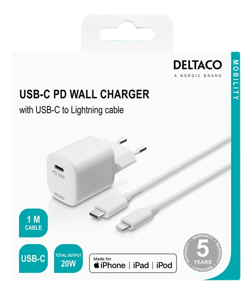 DELTACO USB sieninis įkroviklis, USB-C, PD 20 W, 1 m C - „Žaibas“ USBC-AC141