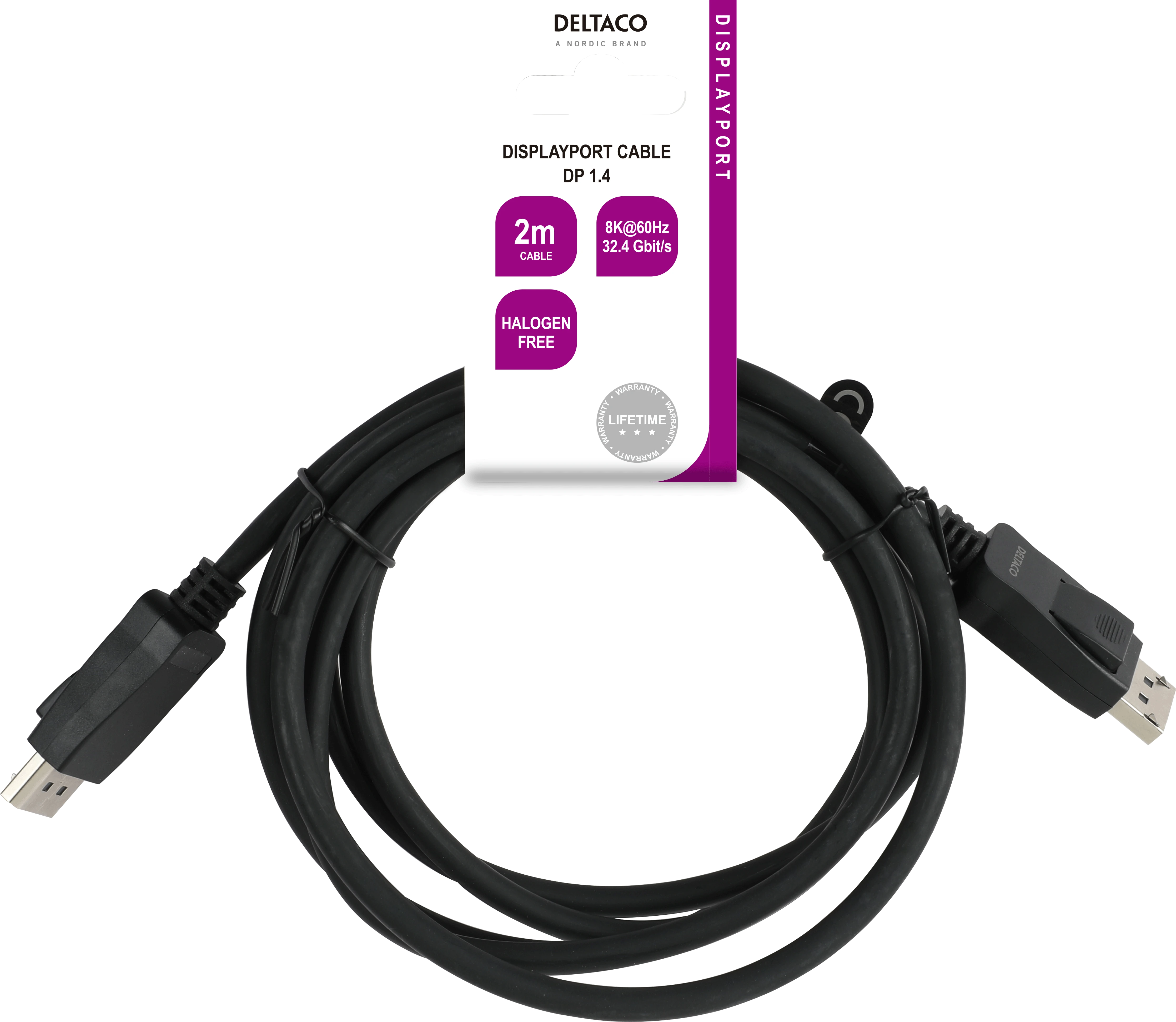 DisplayPort kabelis DELTACO 2m, 8K, DP 1.4, DSC 1.2, LSZH juodas / DP8K-1020-LSZH