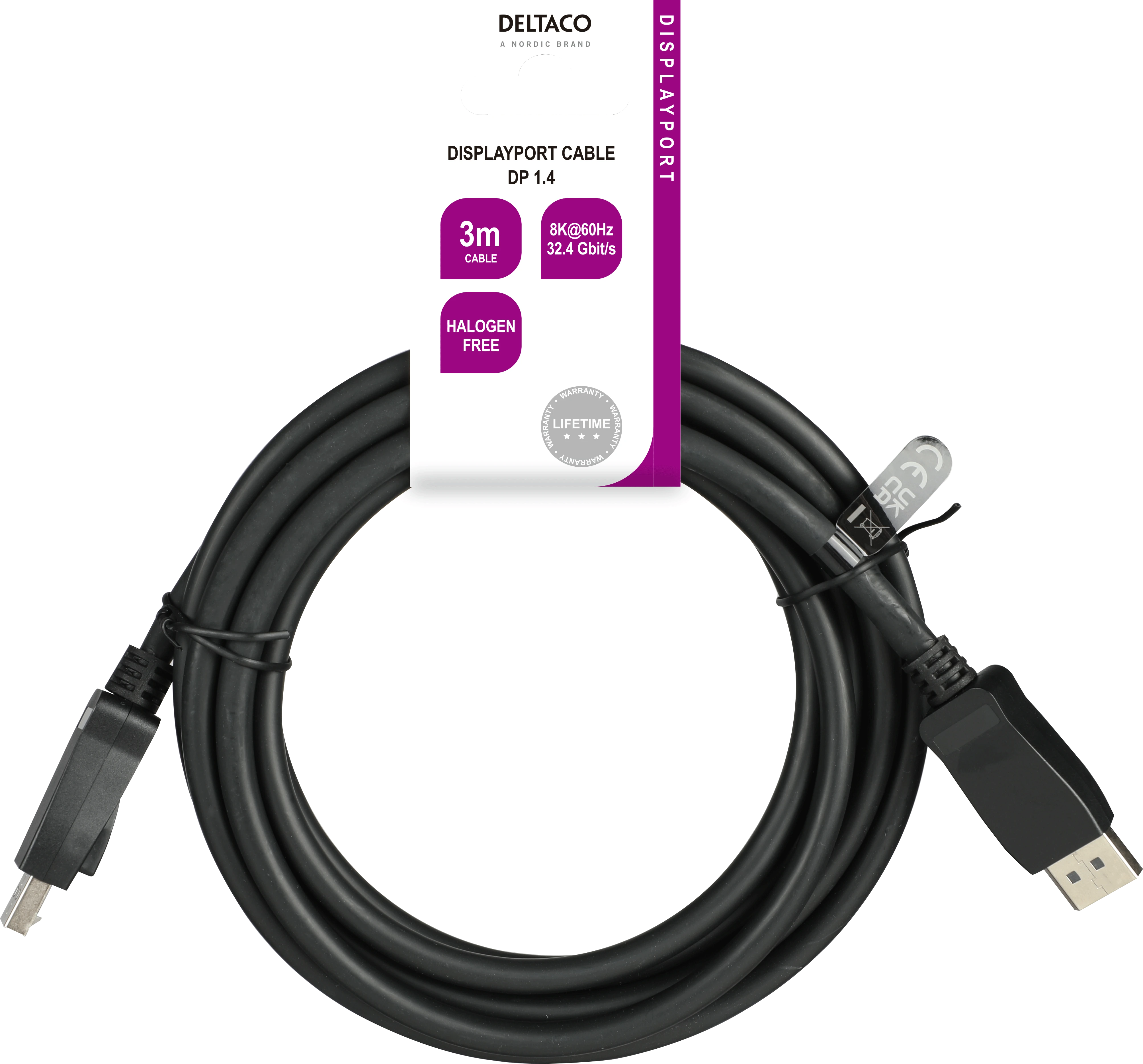 DisplayPort kabelis DELTACO 3m, 8K, DP 1.4, DSC 1.2, LSZH juodas / DP8K-1030-LSZH