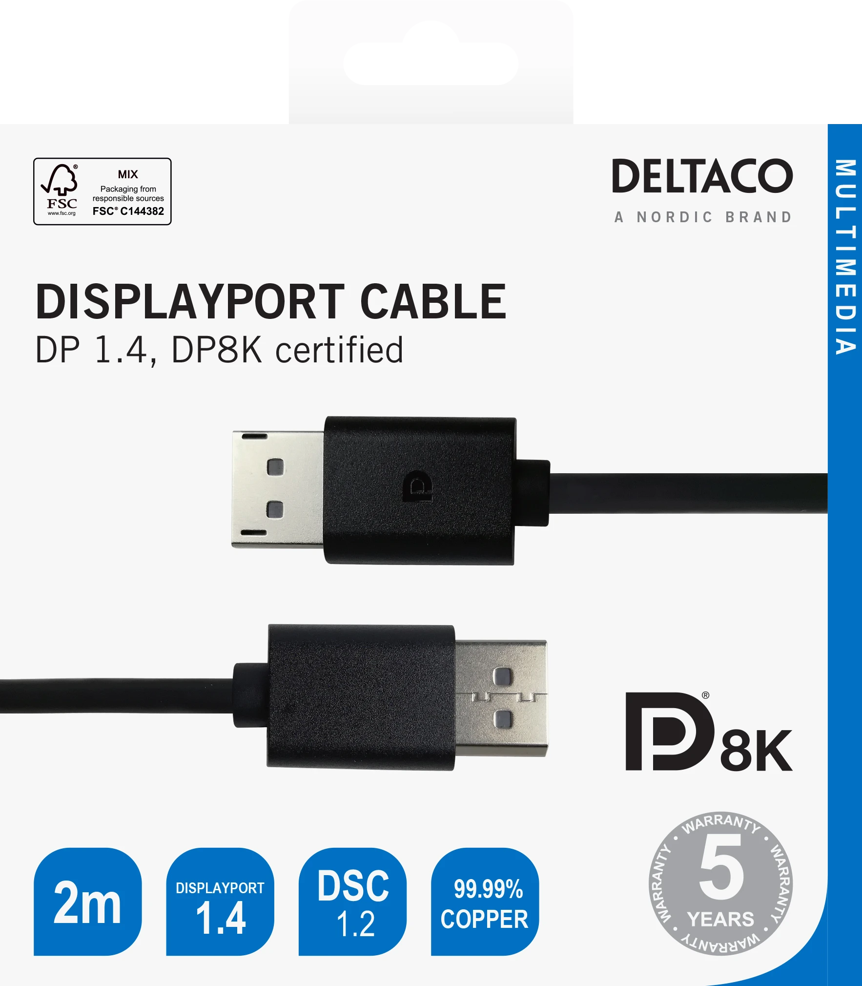 DisplayPort 1.4 kabelio pakuotė su techninėmis savybėmis