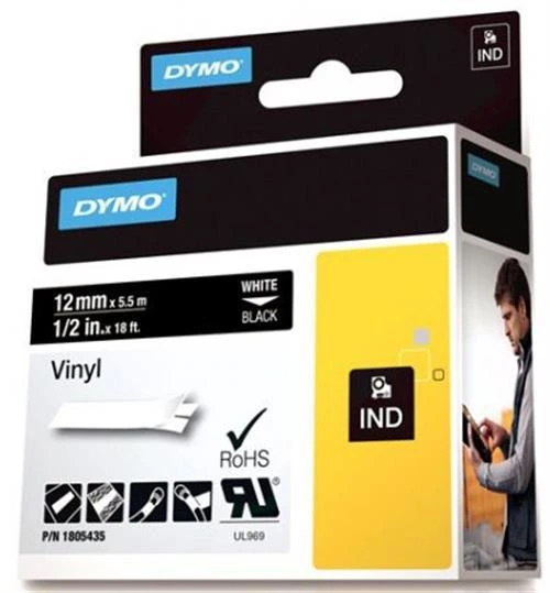 DYMO Rhino Professional, pastebima nuolatinė vinilo juosta, 12mm, baltas tekstas ant juodos juostos, 5,5m 1805435