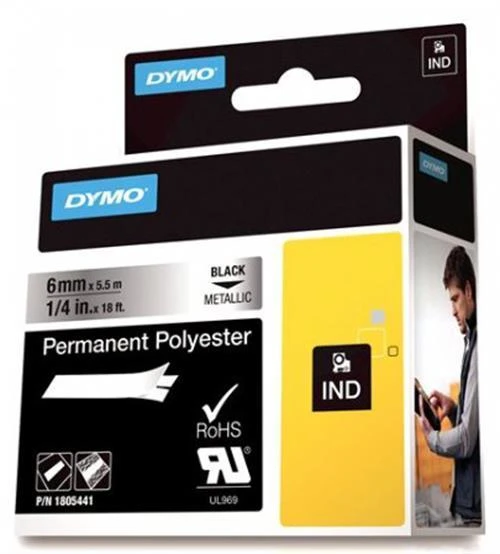 DYMO Rhino Professional, poliesterio juosta, 6 mm, juodas tekstas ant metalinės juostos, 5,5 m 1805441
