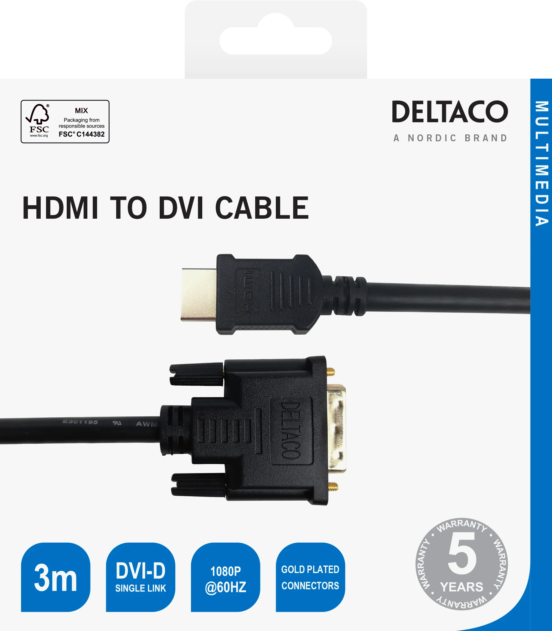Deltaco HDMI į DVI-D kabelis su specifikacijomis
