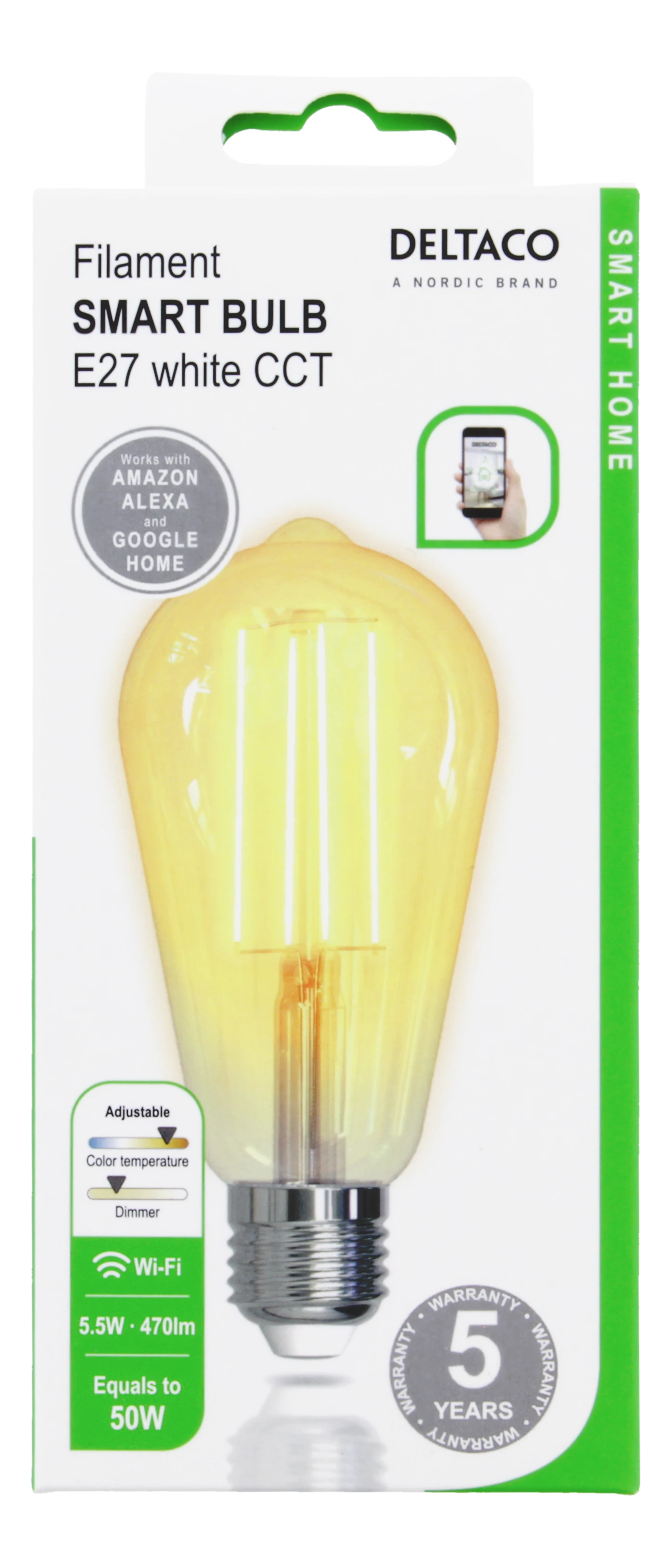 Išmani LED lemputė DELTACO SMART HOME E27, WiFI 2.4GHz, 5.5W, 470lm, 1800K-6500K, 220-240V / SH-LFE27ST64