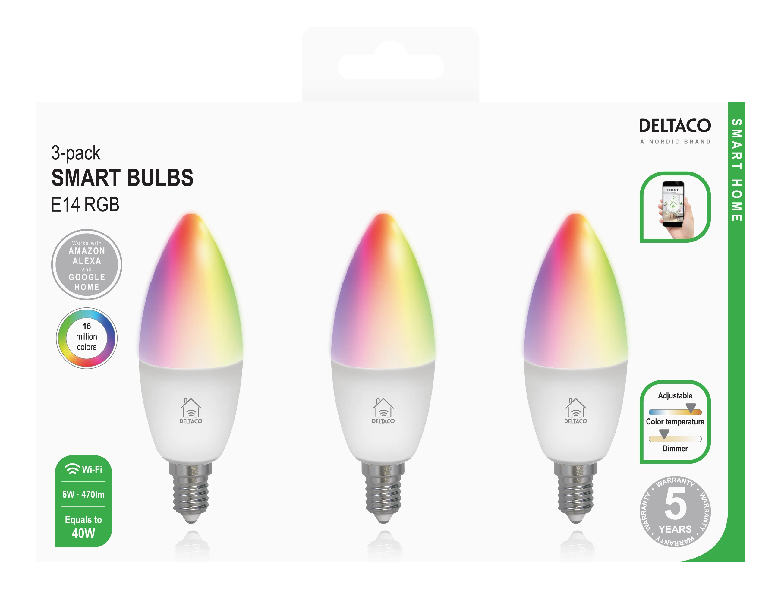 Išmanioji lemputė DELTACO SMART HOME LED, 3 vnt. pakuotėje, E14, WiFI 2.4GHz, 5W, 470lm, reguliuojama, 2700K-6500K, 220-240V, RGB / SH-LE14RGB-3P