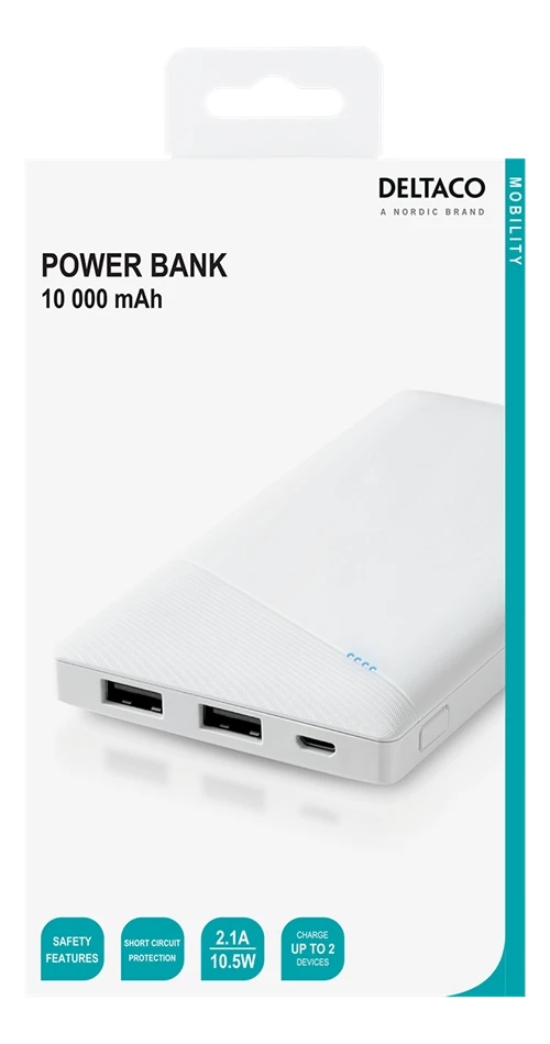 Išorinė baterija DELTACO 10000 mAh, 2,1 A / 10,5 W, 37 Wh, 2x USB-A, balta / PB-A1001