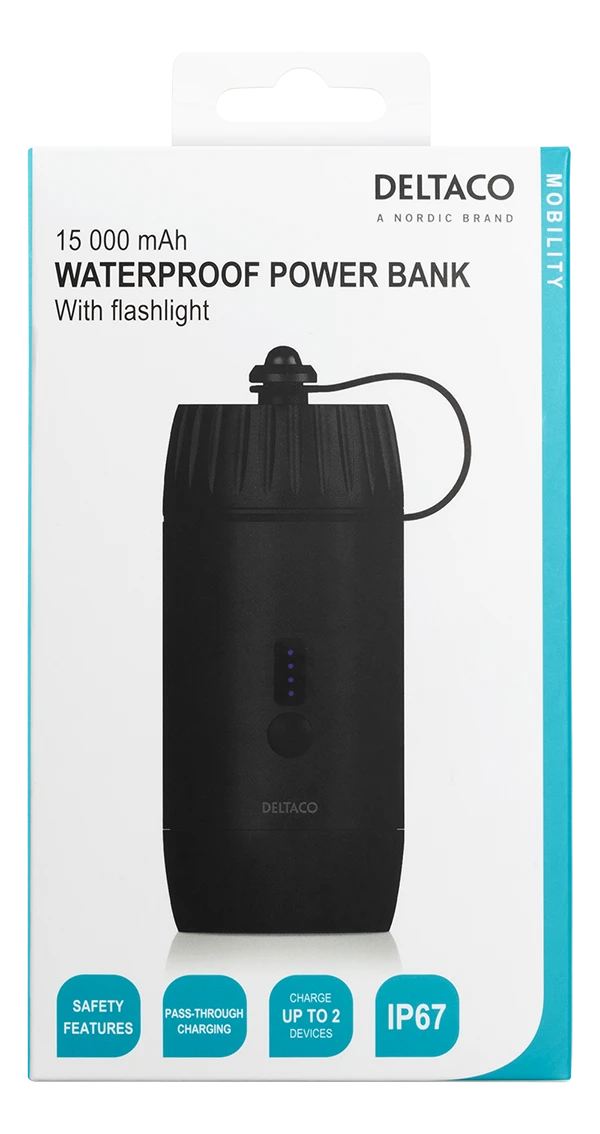 Išorinė baterija DELTACO 15 000 mAh, IP67, USB-A ir C, žibintuvėlis, SOS LED / PB-Q1002