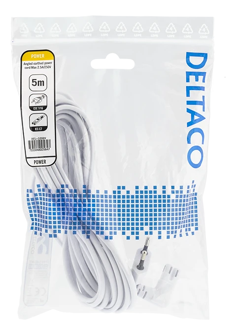Išvesties kabelis DELTACO skirtas prijungti prie įrenginio ir sieninio lizdo, 5 m, kampinis CEE 7/16 į kampinį IEC 60320 C7, maks. 250 V 2,5 A, baltas / DEL-109BV