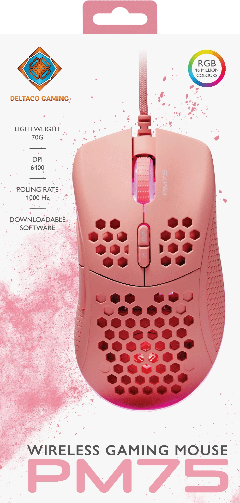 Klaviatūra Itin lengva žaidimų pelė DELTACO GAMING PM75 6400 DPI, RGB, guma padengtos šoninės rankenos, rožinė / GAM-108-P