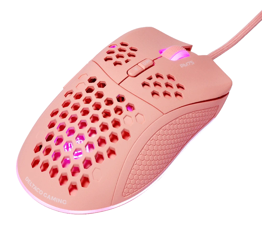 Klaviatūra Itin lengva žaidimų pelė DELTACO GAMING PM75 6400 DPI, RGB, guma padengtos šoninės rankenos, rožinė / GAM-108-P