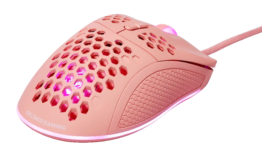 Klaviatūra Itin lengva žaidimų pelė DELTACO GAMING PM75 6400 DPI, RGB, guma padengtos šoninės rankenos, rožinė / GAM-108-P