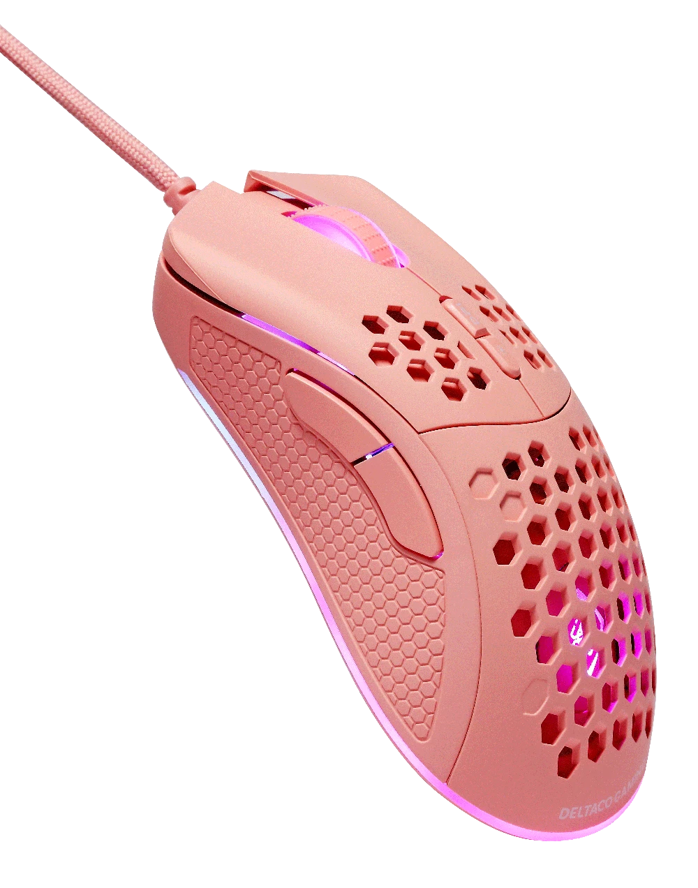 Klaviatūra Itin lengva žaidimų pelė DELTACO GAMING PM75 6400 DPI, RGB, guma padengtos šoninės rankenos, rožinė / GAM-108-P