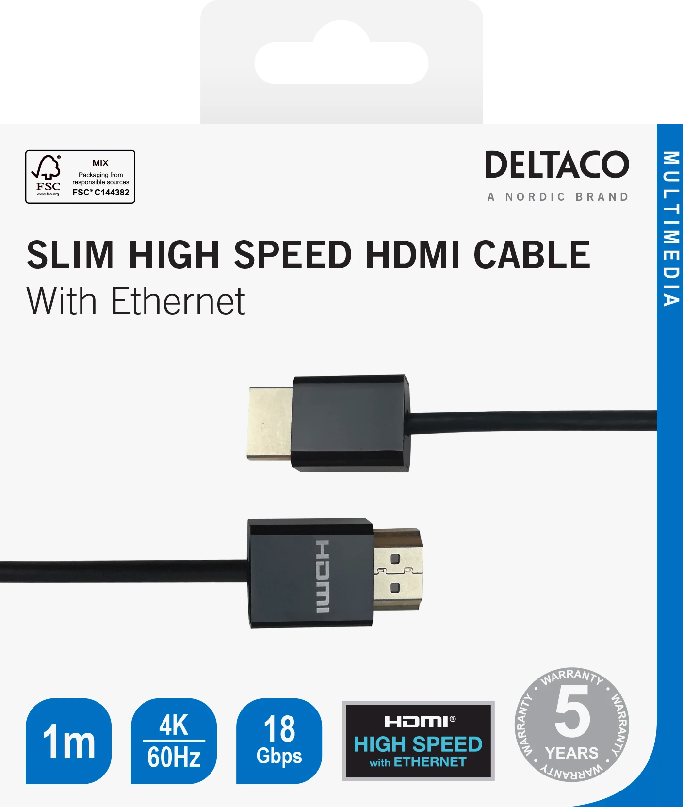 Itin plonas HDMI kabelis DELTACO 4K UHD, 1m, juodas / HDMI-1091-K / 00100017