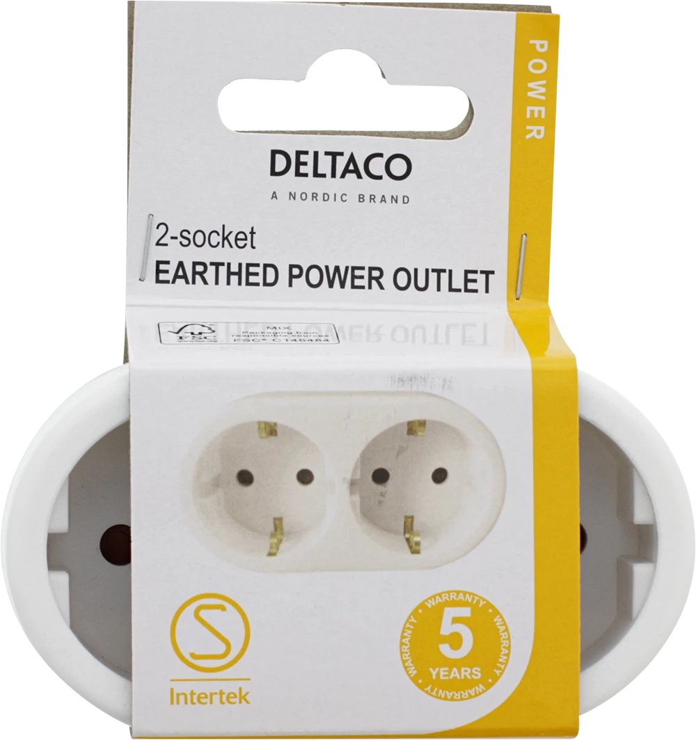 Įžemintas elektros lizdas DELTACO 2 lizdai, baltas / GT-987