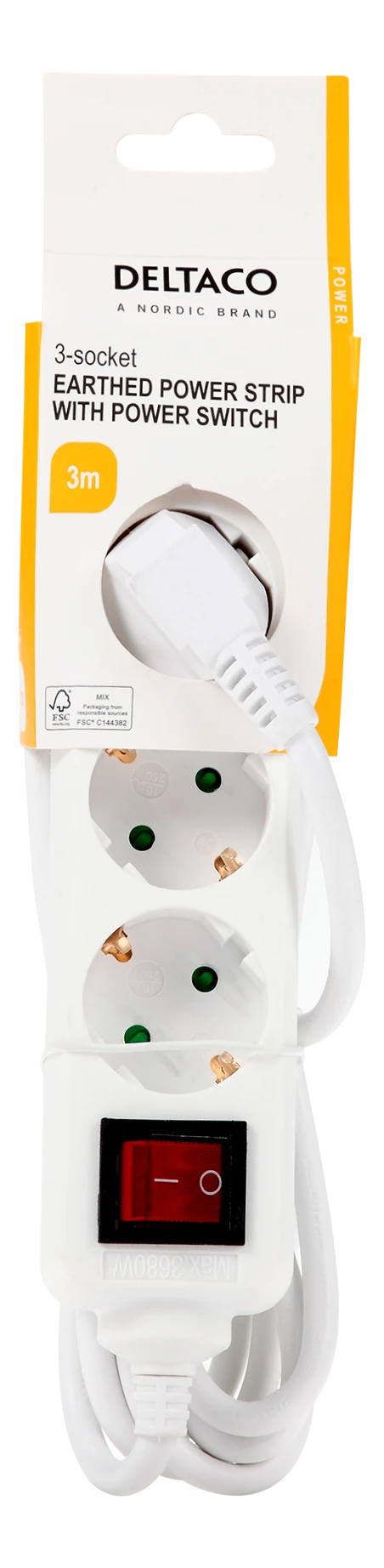 Įžemintas ilgiklis DELTACO su maitinimo jungikliu, 3x CEE 7/3, 1x CEE 7/7, apsaugota nuo vaikų, 3m, baltas / GT-0351