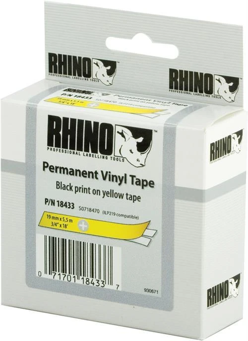 Juostelė DYMO Rhino 19mm x 5.5m, vinilinė, juoda ant geltono / S0718470 18433