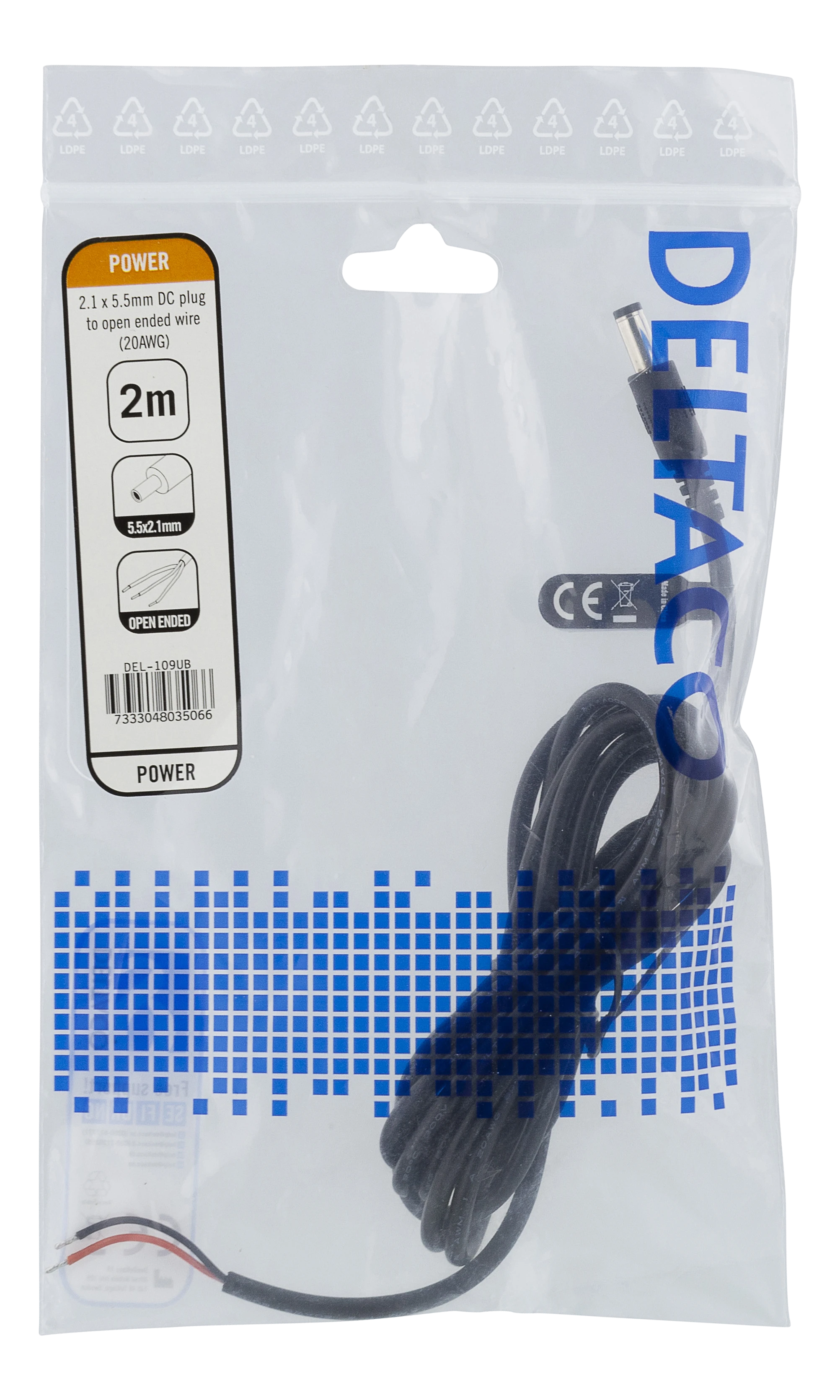 Kabelis DELTACO 5.5x2.1mm DC į atvirą laidą, 2m, 20AWG, juodas / DEL-109UB