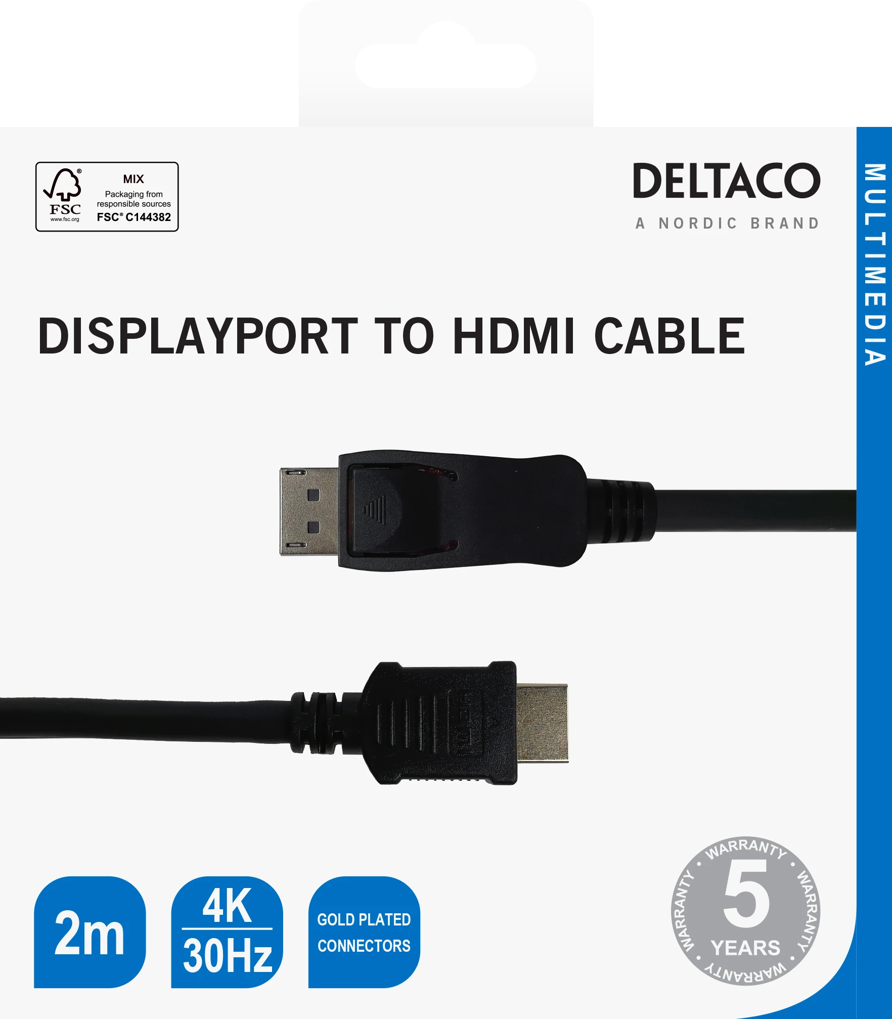 Deltaco DisplayPort į HDMI kabelis pakuotėje