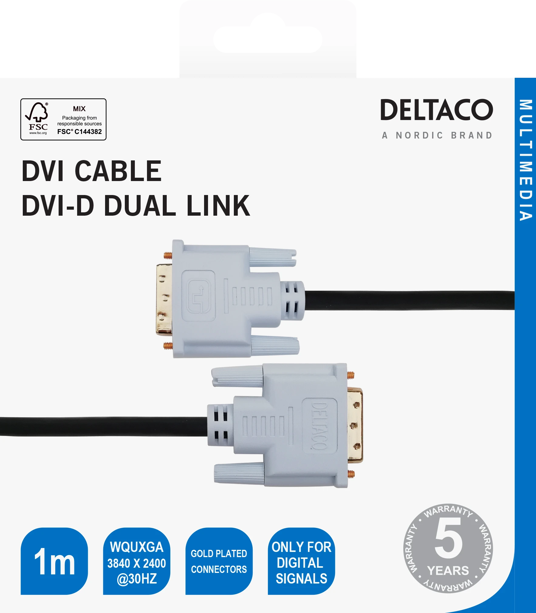 Deltaco DVI-D Dual Link laido jungtys ir pakuotės informacija
