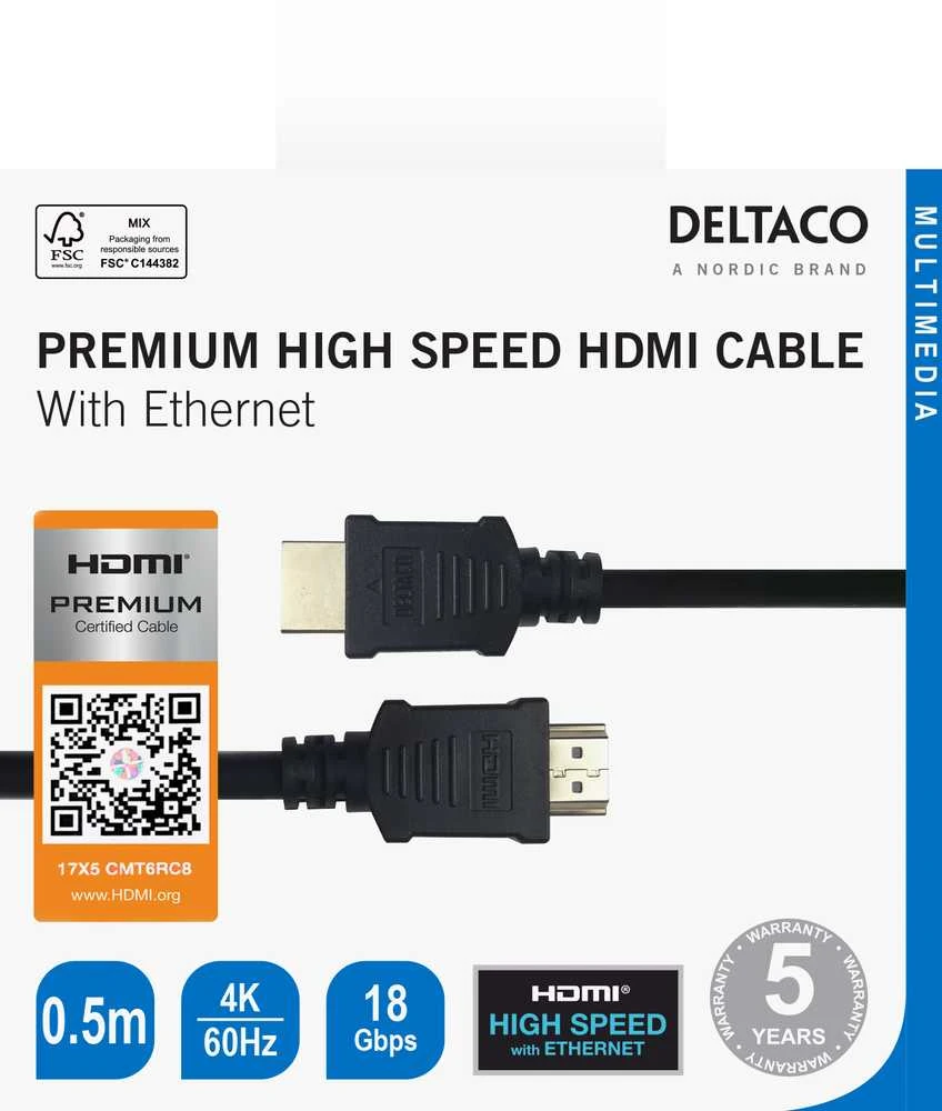 Deltaco HDMI laido techninė pakuotė ir jungtys