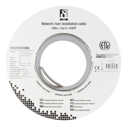 Kabelis DELTACO U/UTP Cat6, 100m, 250MHz, CMR, baltas / TP-48BR