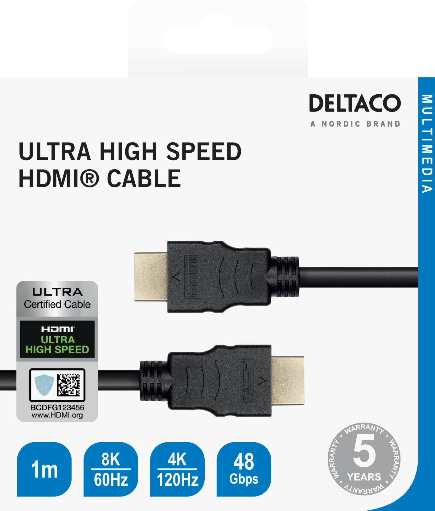 Kabelis DELTACO Ultra High Speed HDMI, ARC, QMS, 8K in 60Hz, 4K UHD in 120Hz, 1m, juodas / HU-10-R