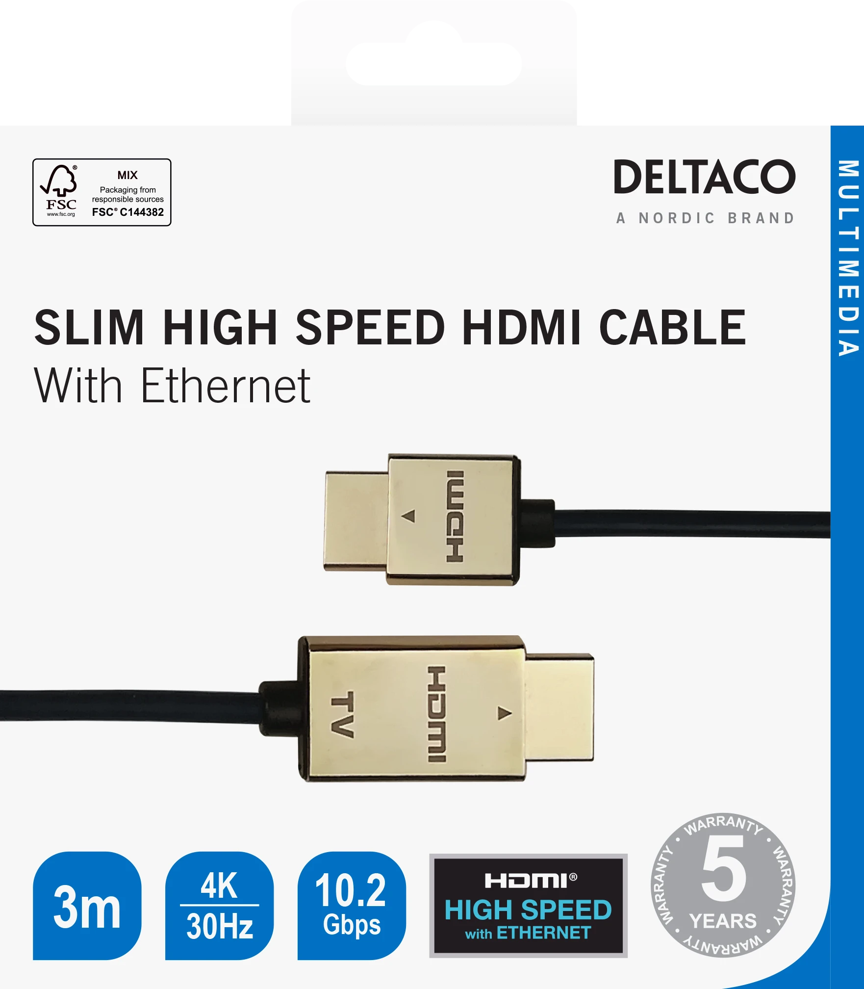 Kabelis DELTACO Itin plonas HDMI, 4K UHD, 3m, juodas/auksinis / HDMI-1043-K / 00100012