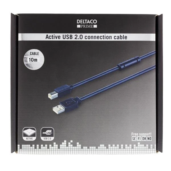 Kabelis DELTACO USB 2.0 "AB", 10m, aktyvus, juodas / USB-EX10M